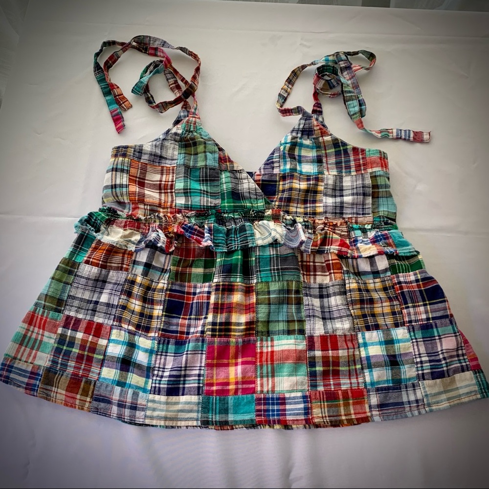 Anthropologie Pilcro ruffle detail 100% cotton patchwork tie-shoulder top. Med.